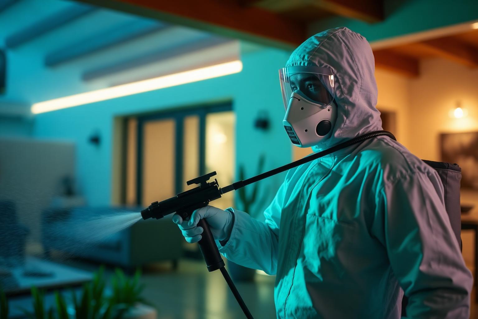 Técnico profesional de M&T Fumigaciones aplicando tratamiento contra plagas